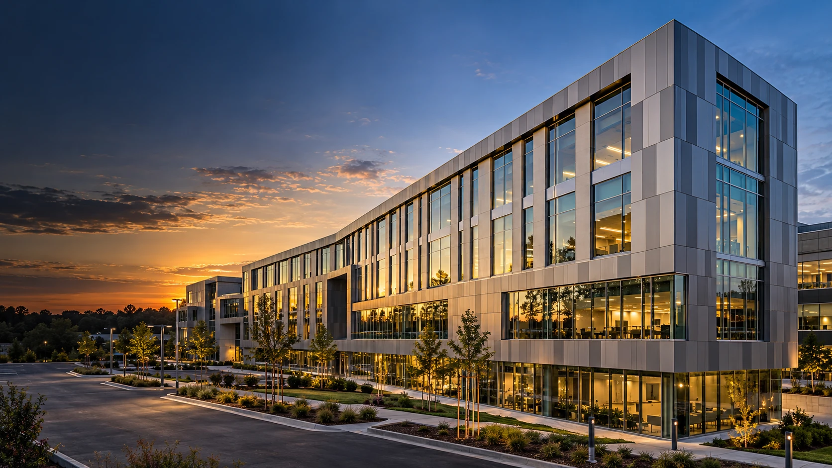 A modern four-storey office building at dusk, its glazed floors lit from inside, with landscaped walks and parking in front