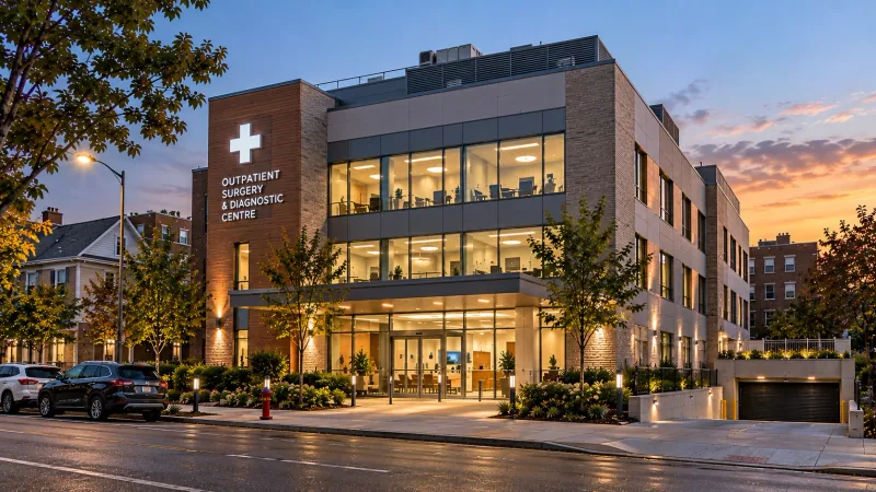 Illustrative image of a new three-storey outpatient surgery and diagnostic centre at dusk, with a below-grade parking entrance